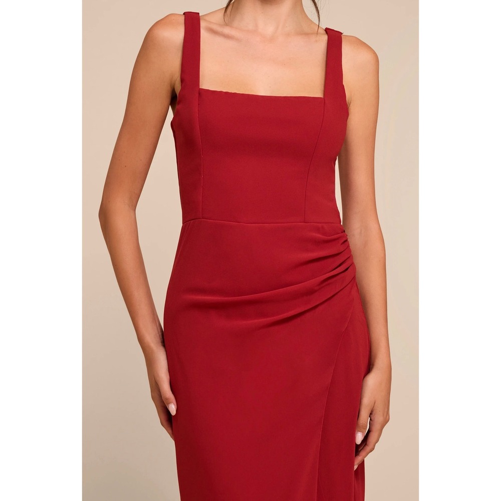 Lulus Glamourous Disposition Rust Ruched Square Neck Maxi Dress Slit XL 2851